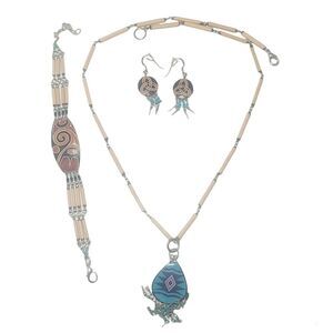 Beautiful Mexican Signed Jewelry Set Necklace Earrings Bracelet With Turquoise